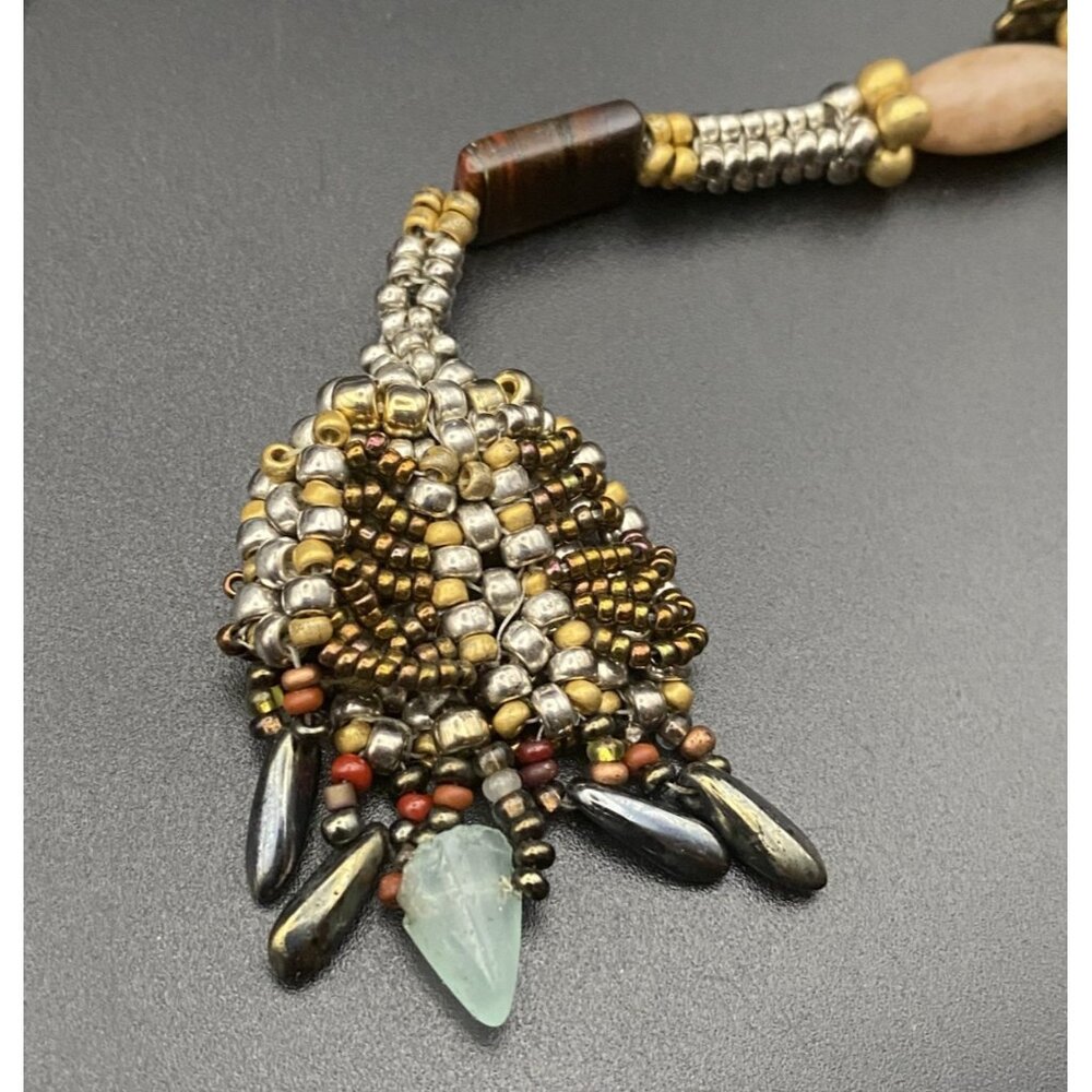Artisan  Necklace Boho Natural Stone Shell Glass Bead Antiqued Bronze Toggle 38" - Picture 4 of 13